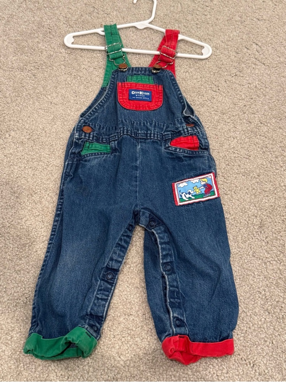OshKosh B'Gosh Vintage Denim Overalls for Kids - Blue with Red & Green Accents